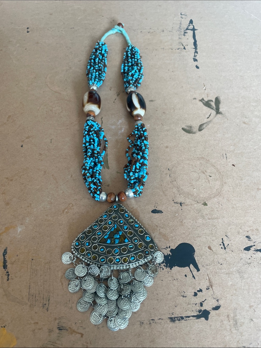 Bohemian Turquoise Beaded Coin Fringe Necklace